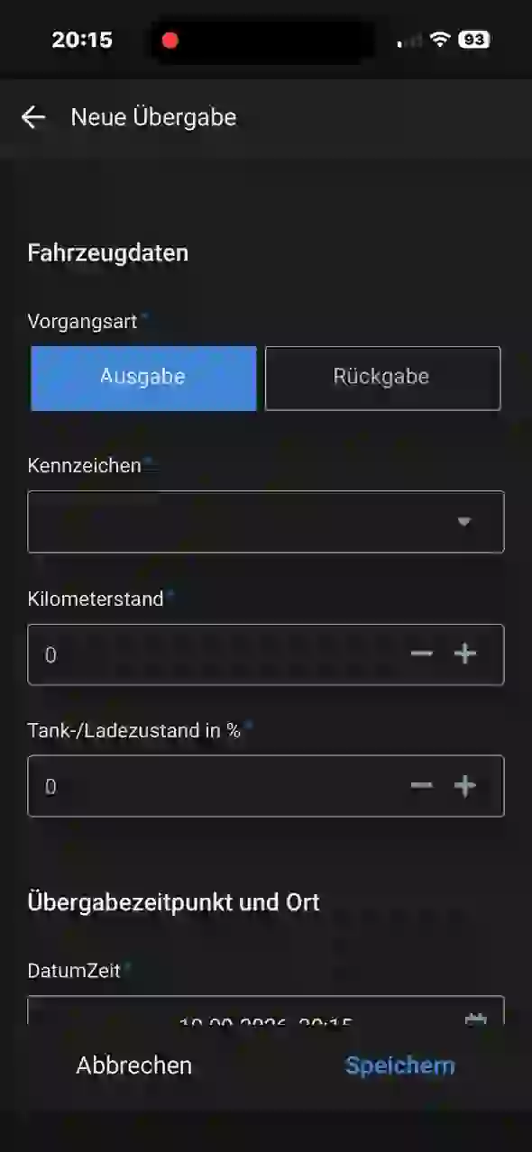 Formular zur Erfassung einer neuen Fahrzeugübergabe