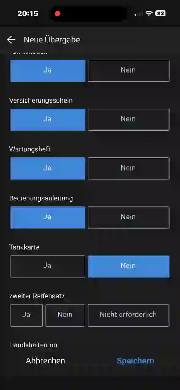 Auswahl der mitgegebenen Fahrzeugunterlagen