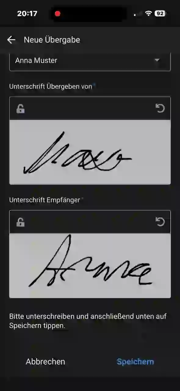 Unterschriftenfelder für Übergeber und Empfänger